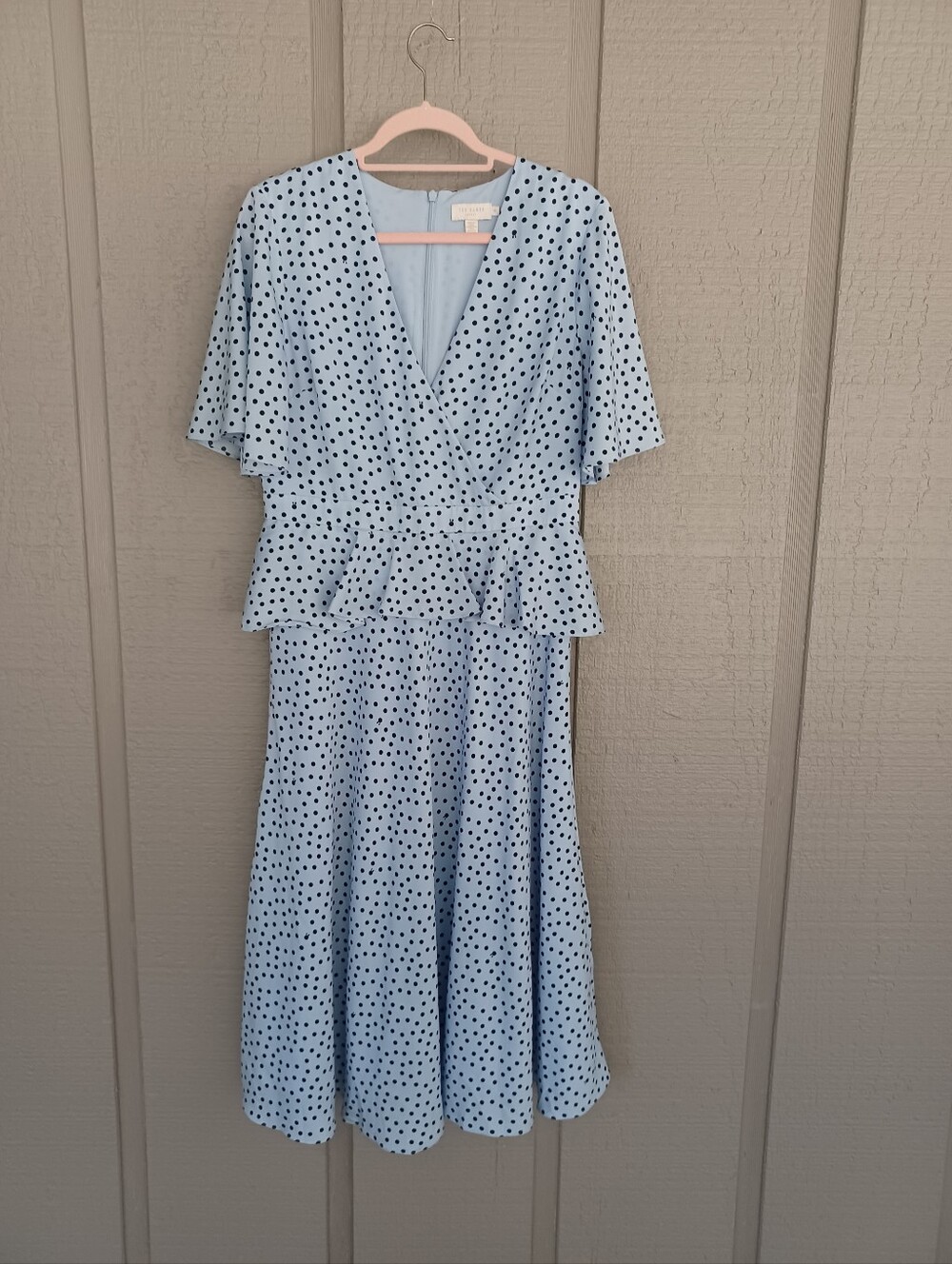 Ted Baker Mabbel Dotty Midi Dress Size 4 US 10 Preppy Feminine Peplum V Neck